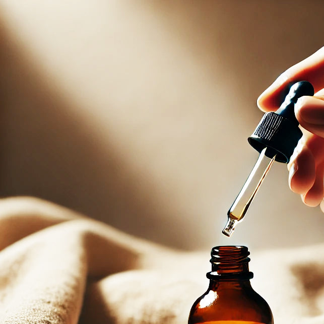 pipette dropper in amber bottle with natural cloth in the background