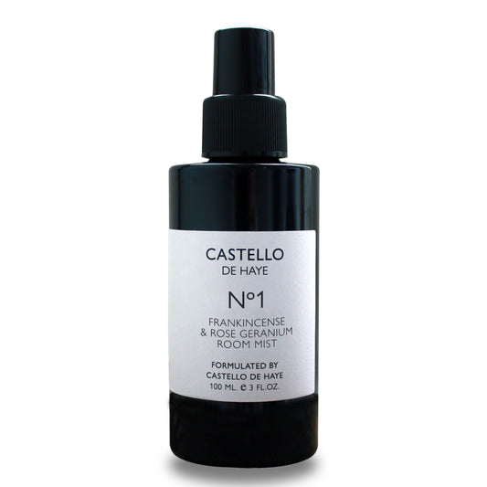 Black room mist bottle with white label on a white background