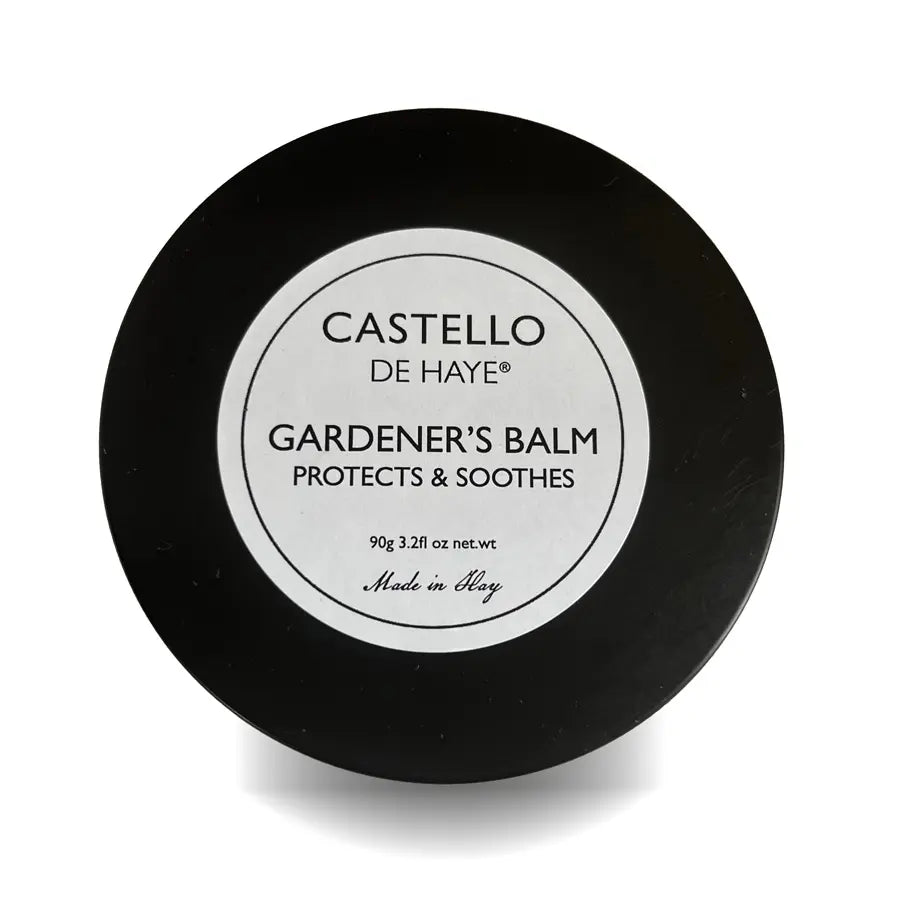 Black container of Castello de Haye Gardener's Balm on a white background