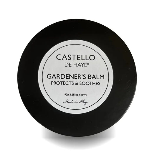Black container of Castello de Haye Gardener's Balm on a white background