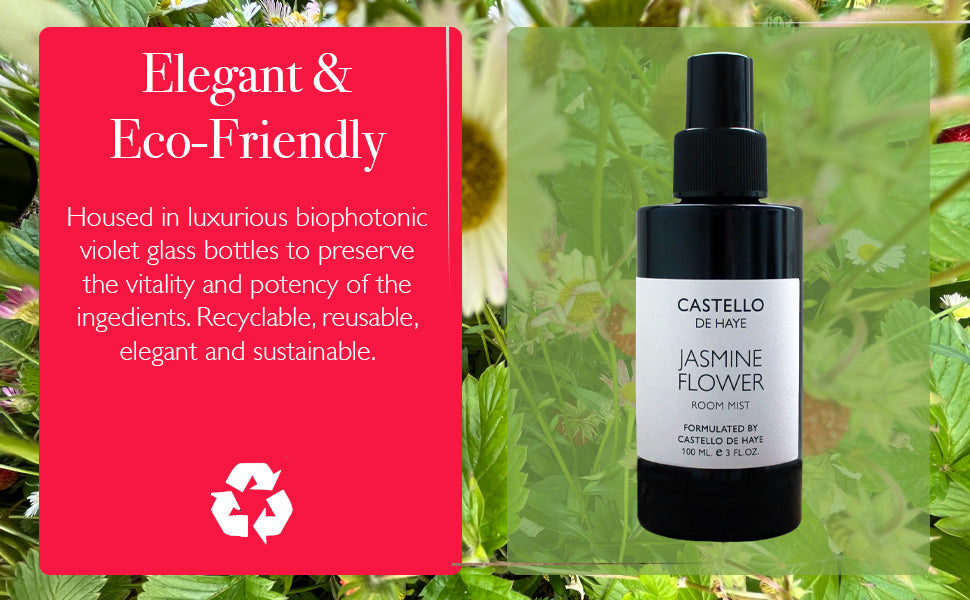 Black bottle with white label on a green leafy background, featuring text about eco-friendliness.